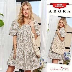 ADORA Floral Print Square Neck Puff Sleeves Relaxed Fit Mini Dress | Light Blue
